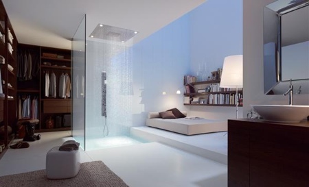 chambre open space avec douche intégrée Hansgrohe
