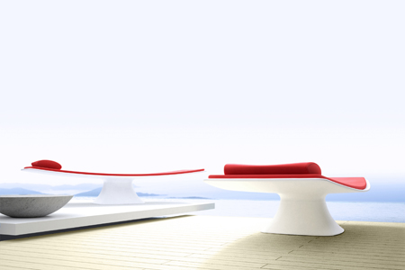bain de soleil design en corian blanc avec coussin rouge très fin Bahia, Sequoia studio
