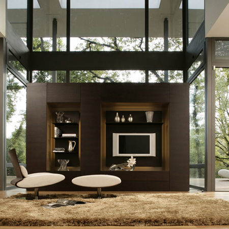 deco cosy Roche Bobois avec un meuble TV bibliothèque et un tapis à longues mèches