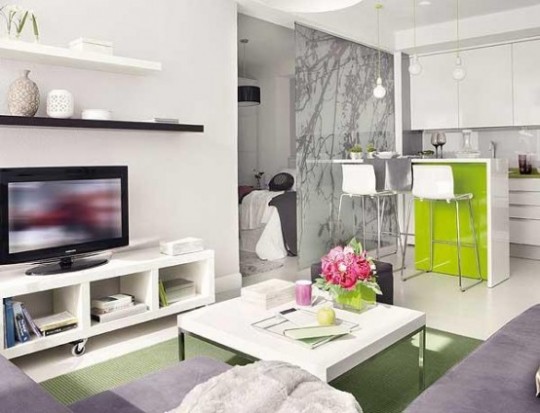Intérieur design blanc et vert - petit appartement