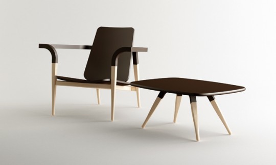 Fauteuil bas et table en bois massif design