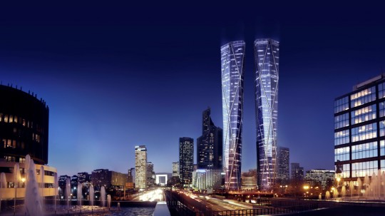 Photo de nuit des tours Hermitage Plaza à  Paris, La Défense
