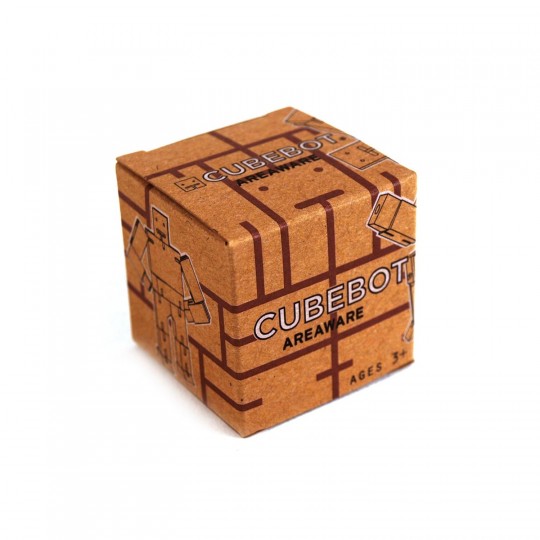Robot en bois Cubebot dans sa boite en carton