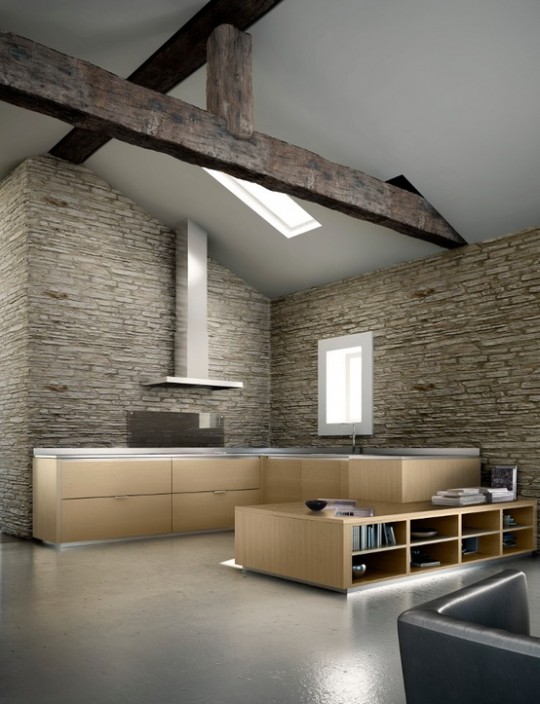 Intérieur avec des murs en pierre et une cuisine design