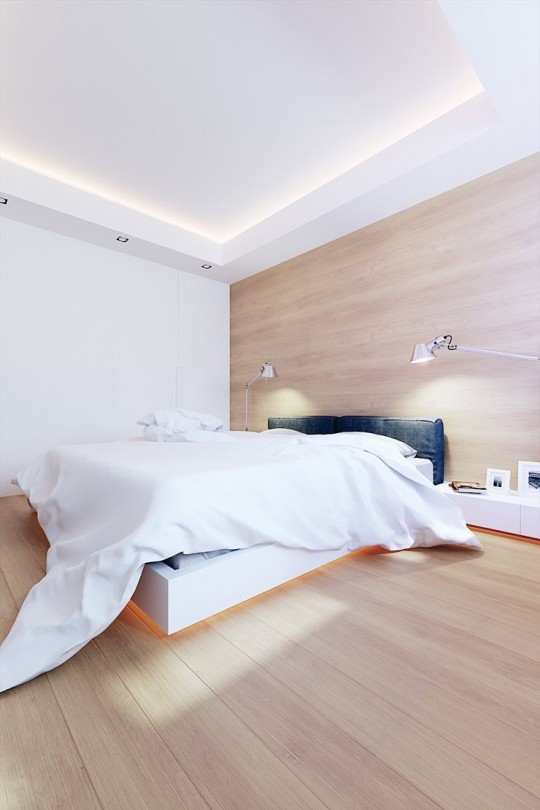 Chambre avec lit éclairé dans un appartement contemporain 100M