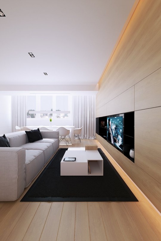 Meuble TV contemporain en bois réalisé sur mesure dans l'appartement 100M