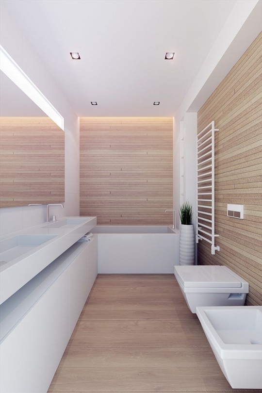 Salle de bain contemporaine avec meubles vasques blanc et sol en chêne blanchi