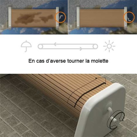 Rolling bench, banc public en bois rotatif avec une manivelle