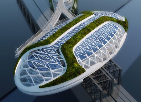 bâtiment design écologique en forme de goutte d