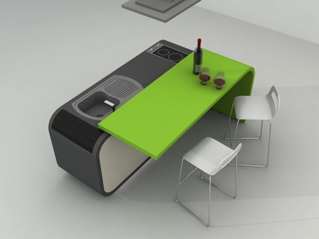 cuisine design extensible avec comptoir de bar mobile