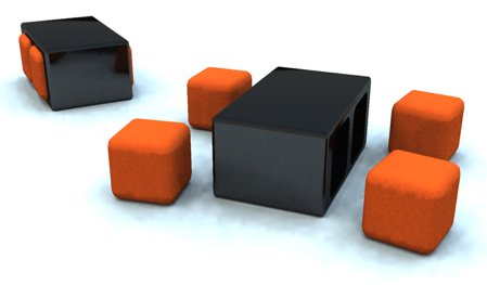 table basse noire avec poufs carrés oranges intégrés - Studio concept