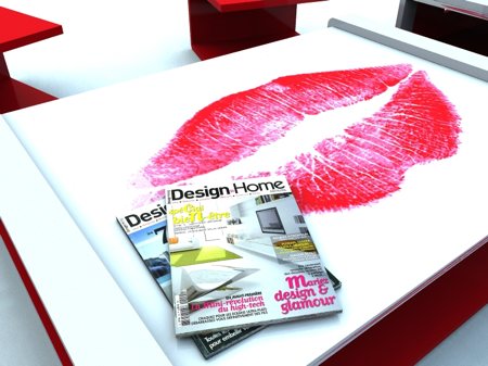 table basse plexiglas avec photo d’une bouche, baiser rouge - red kiss