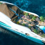 Yatch de luxe avec un volcan et une plage artificielle