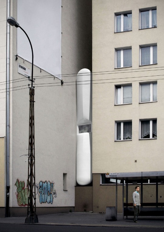 Image de synthèse de la maison étroite entre 2 immeubles (Keret House)
