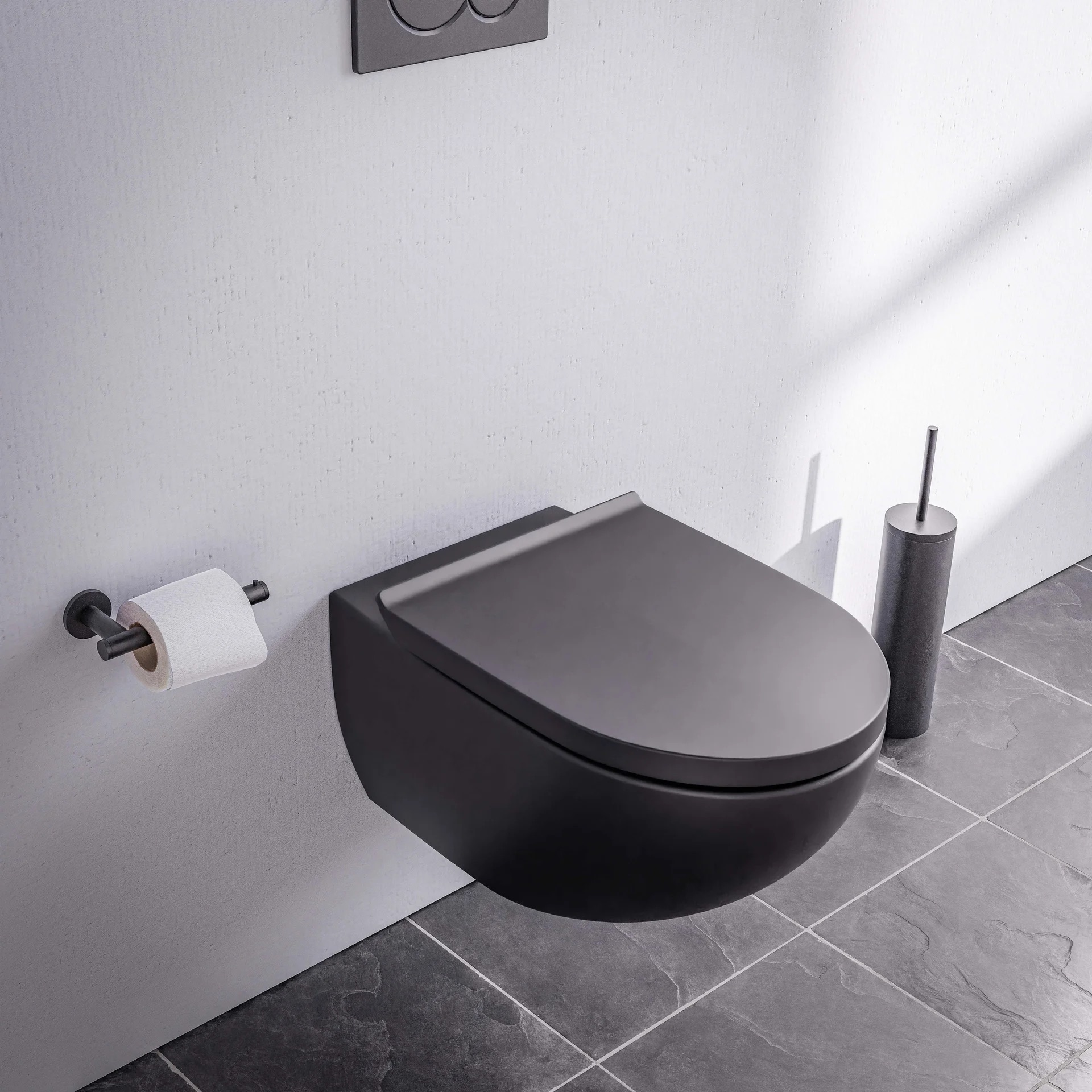 Hovea - Kit Brosse WC Suspendue Noire - Brosse En Silicone Plate, Boîtier Métal - Fixation Murale Sans Perçage Ou Vis